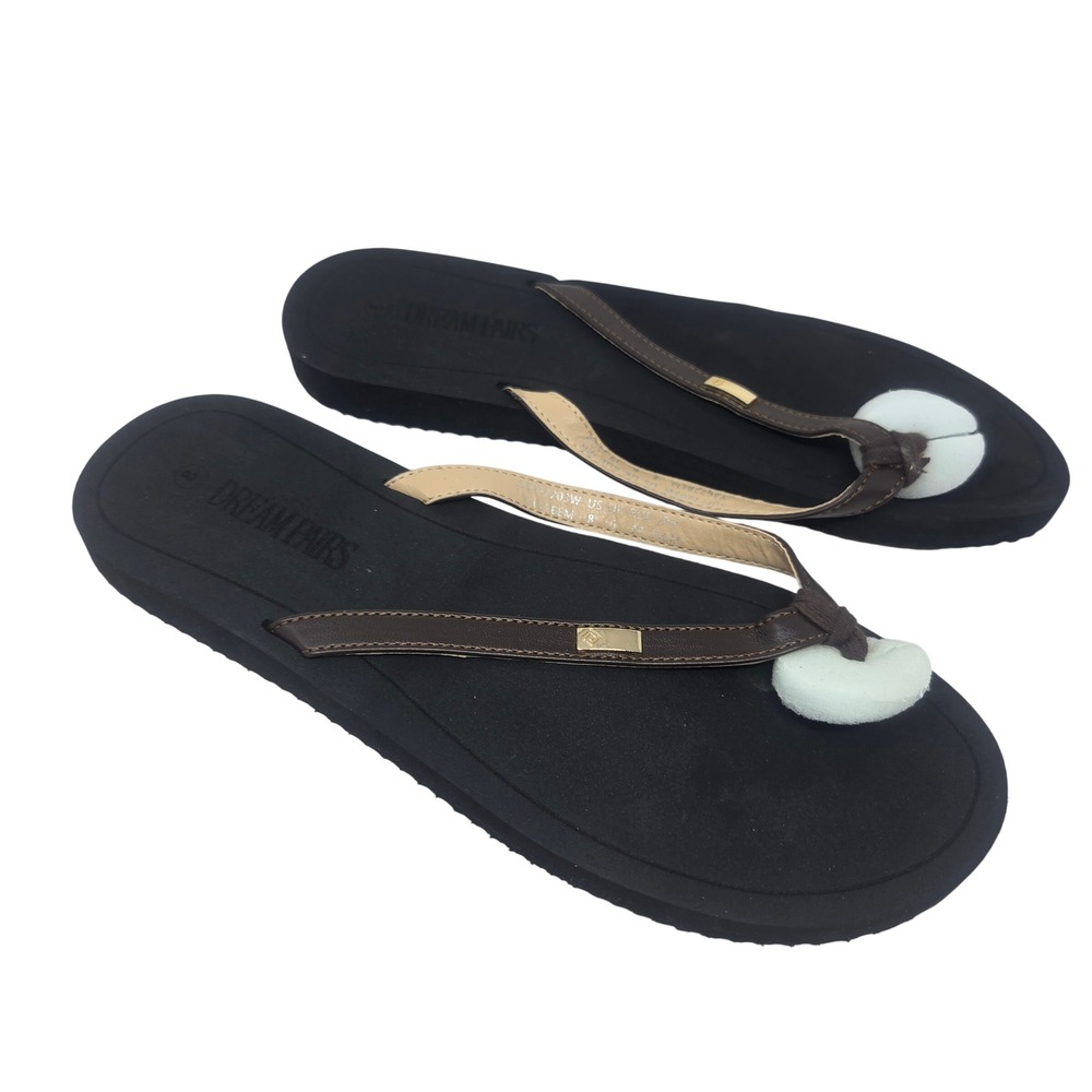 Dream Pairs Flip Flop Women 8 Black Brown Gold Accent Thong Summer SDF NWOT
